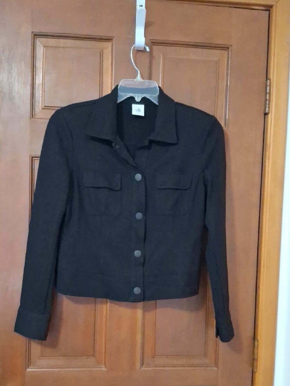 CAbi Black Collared Button Jacket Size Medium Snap Closure Shoulder Pads
